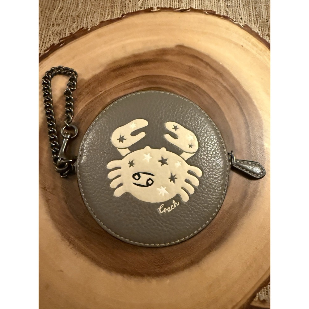 Coach F87808 Leather Round Coin Case With Cancer Zodiac Motif Grey Very Rare